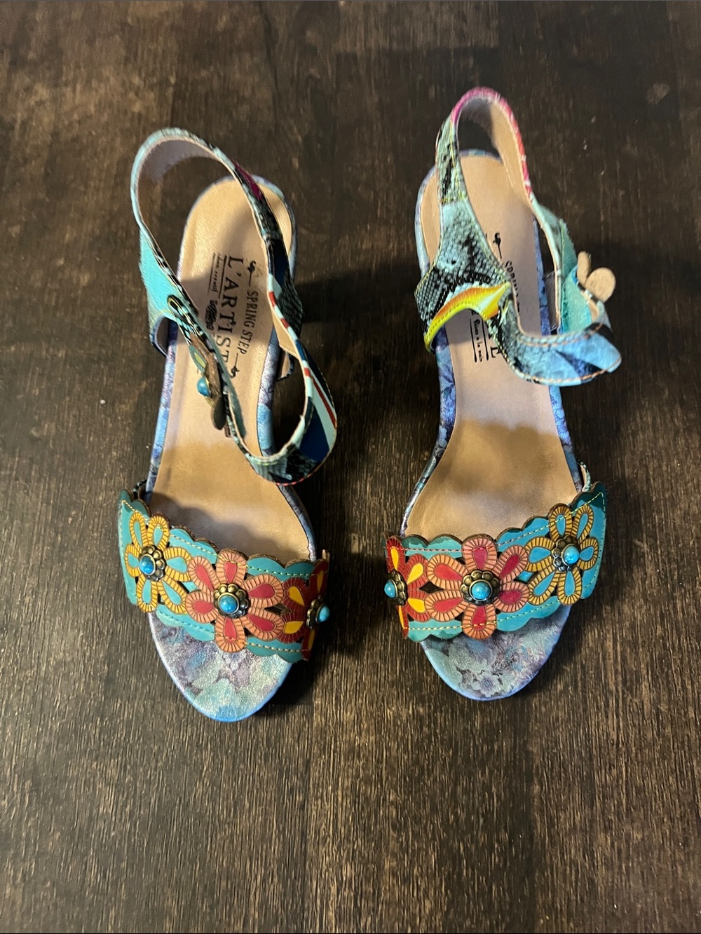 L'ATISTE Turquoise Multicolor Floral Embellished Women's Slingback Sandals
